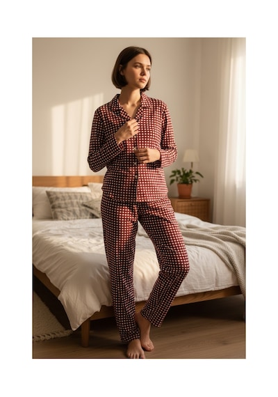 Feg Store Kadın Bordo Pötikare Desenli Süet Dokulu Yumuşak Kışlık Pijama Takımı