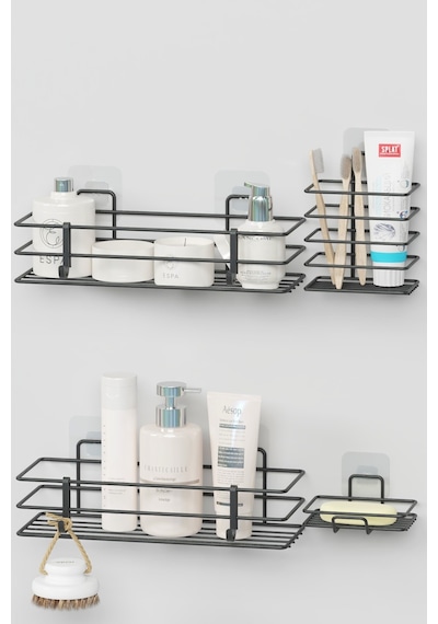 Zabata Yapışkanlı Banyo Seti Duş Rafı + Sabunluk + Diş Fırçalık Metal Set Siyah