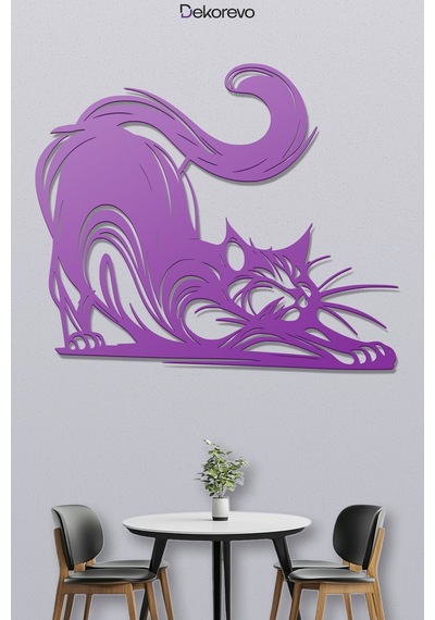Dekoratif Metal Kedi Duvar Tablosu - Metal Duvar Sanatı - Mor - 30 X 30 Cm