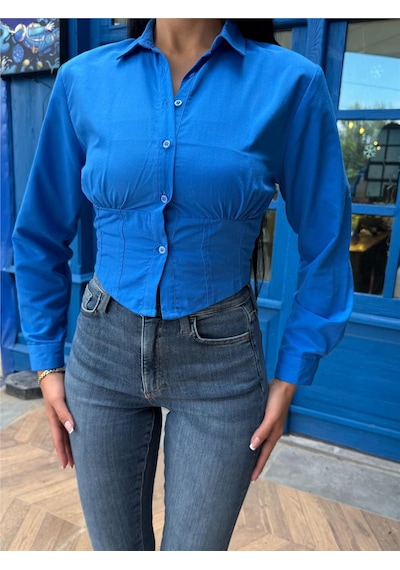 WeShaya Saks %100 Polyester Parçalı Desenli Gömlek Saks