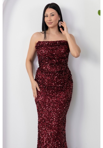 Kalopya Straplez Yaka Pulpayet Abiye Elbise Drp6877 Bordo