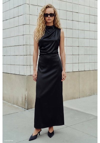 Sateen Kolsuz Saten Elbise - Siyah-137972