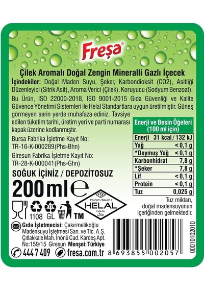 Freşa Çilek Aromalı Doğal Zengin Mineralli Gazlı İçecek 4'lü 6 x 200 ML