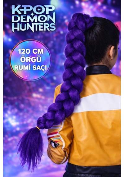 Toyfest İblis Avcıları K-pop Demon Hunters Rumi Cosplay Kostüm Seti Ceket Şort Mor Örgülü Saç 3 Parça Çok Renkli