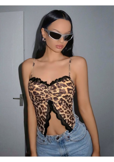 Ulupazarlama Kadın Leopar Desenli Crop Önden Dantel Detaylı 5095 Çok Renkli
