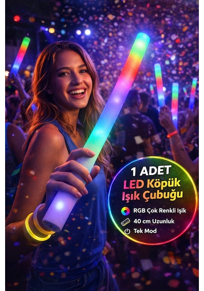 Led Köpük Işık Çubuğu 40 Cm Rgb Işıklı Parti Konser Düğün Doğum Günü Eğlence Cheer Stick Tek Mod Rgb 3+ Yaş