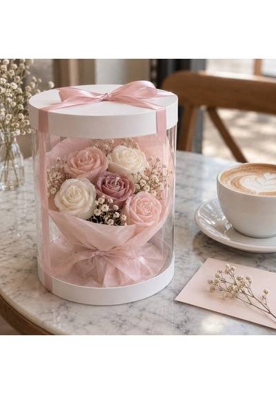 Mini Gül Mum Buketi Şeffaf Kutu 5'li Pembe