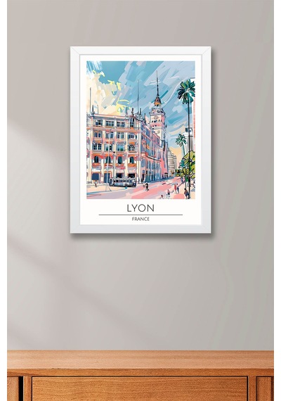 Fransa Lyon Temalı Çerçeveli Tablo Travel Serisi Modern İllüstrasyon Şehir Duvar Dekoru Beyaz