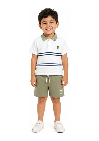 Haribo Lisanslı Çizgili Polo Yaka Çocuk T-shirt Şort Takım Yeşil