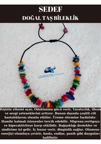 Gümüştel El Sanatları Sertifikalı Doğal Kırık Taş Renkli Sedef Taşı Bileklik Asansörlü Kilit Sistemi Çok Renkli