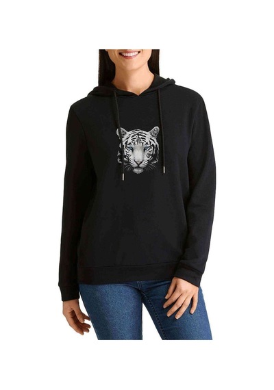Kaplan Black And White Baskılı Siyah Kadın Kapşonlu Sweashirt