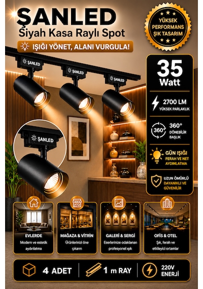 Led Siyah Kasa Gün Işığı 35w Raylı Spot / 4 Adet 1 Metre Ray
