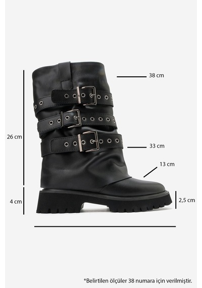 Luvi Shoes Caldy Siyah Hakiki Deri Tokalı Kadın Biker Bot