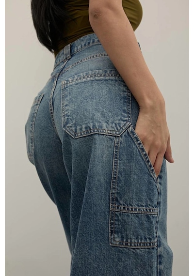 Tint Blue Premium Yıkamalı Kemerli Baggy Jeans Mide Blue Tint Blue Premium Yıkamalı Kemerli Baggy Jeans Mide Blue