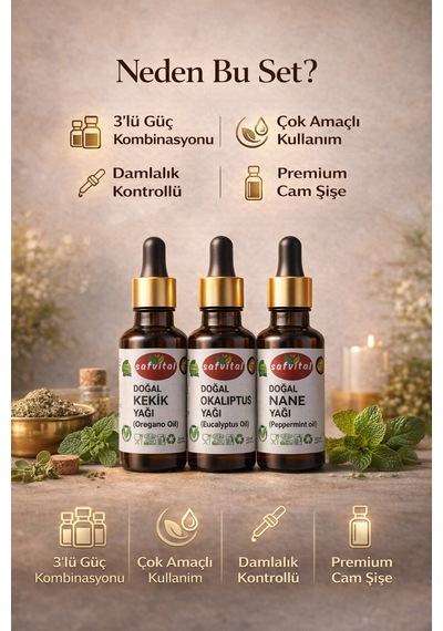 Safvital Okaliptus Yağı Kekik Yağı Nane Yağı Seti 3x20 Ml Aromaterapi Cilt Saç Bakım Çok Amaçlı Kullanım 60 ML