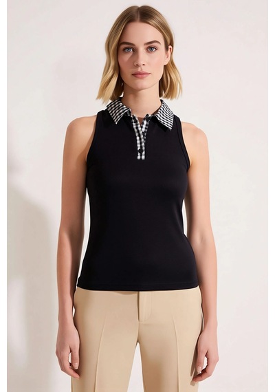 Benerly Kadın Bluz Fitted Polo Yaka Kolsuz Ribana Örme Kareli Detaylı Yar siyah Benerly Kadın Bluz Fitted Polo Yaka Kolsuz Ribana Örme Kareli Detaylı Yar siyah