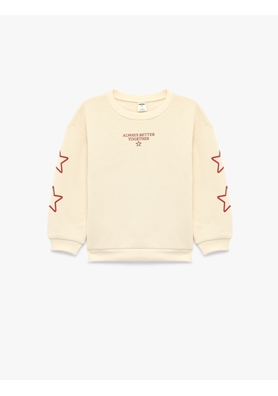Koton Yıldız Baskılı Bisiklet Yaka Uzun Kollu Şardonlu Sweatshirt Bej 7wmg10172ak Ekru