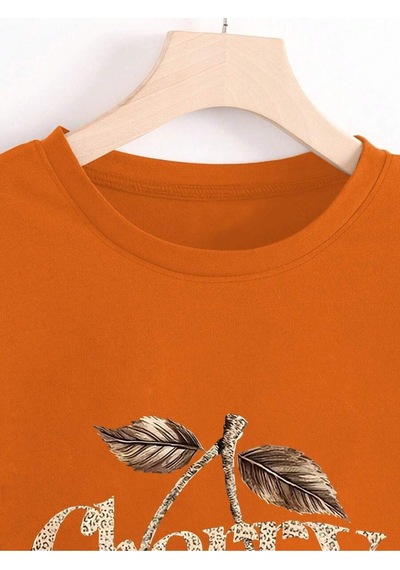 Uyguntarz Unisex Leopar Desenlı Vişne Baskılı Tasarım Tshirt Turuncu