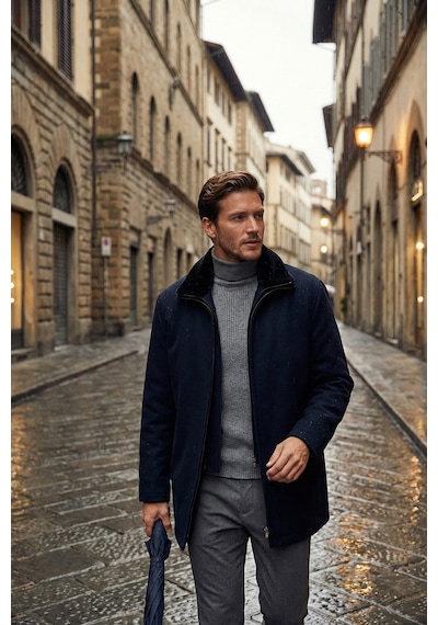 Buratti Slim Fit Çıkarılabilir Tüylü Yaka Detaylı Astarlı Kaşe Erkek Kaban 58400217 Lacivert