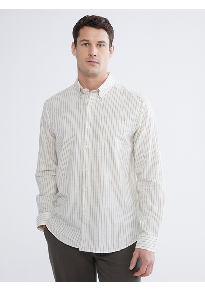 Lcwaıkıkı Classic Bej Regular Fit Çizgili Erkek Keten Karışımlı Gömlek