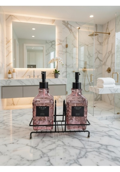 Modern Çizgili - Kabartmalı Cam İkili Sıvı Sabunluk & Deterjanlık Seti - 500ml Standlı Mutfak Ve Banyo Organizeri Pembe
