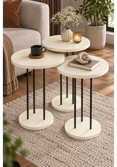 Sulorahome Metal Terra Zigon Sehpa Takımı Krem Bej 3'lü