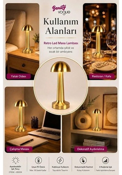 Tr Mantar Lamba, 3 Kademeli Işık, Usb Şarjlı, Şarjlı Dokunmatik Led Lamba, Kablosuz Gece Lambası, Gold Masa Lamba Genel