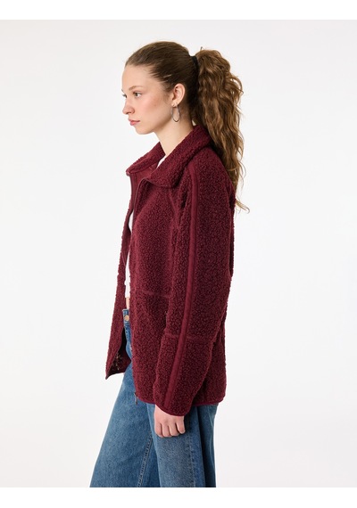 Koton Uzun Kollu Dik Yaka Cep Detaylı Fermuarlı Oversize Peluş Ceket Bordo 6wmg60028ık