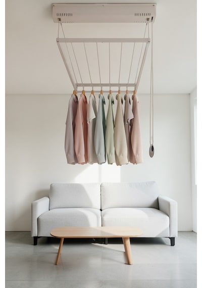 Askur Tavana Monte Asansörlü Çamaşır Askılığı 70x100 Cm 6 Askı İpi Beyaz