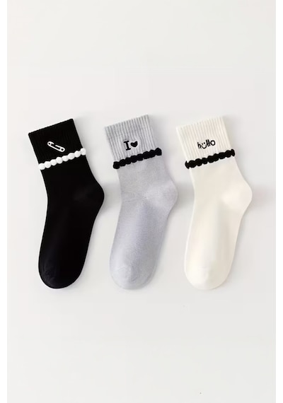 Hitit Socks Kadın 5 Çift Premium Kalite Şerit Kabartmalı Ataç Hello Love Desenli Kolej Çorap Asorti