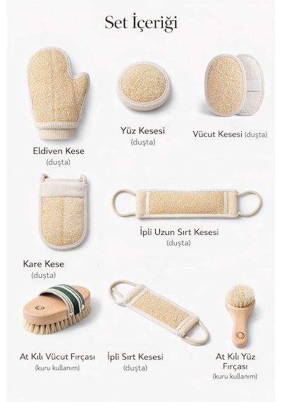 8 Parça Doğal Bakım Full Set - At Kılı Vücut & Yüz Fırçası + 6 Farklı Kabak Lifi Kese Spa Paketi