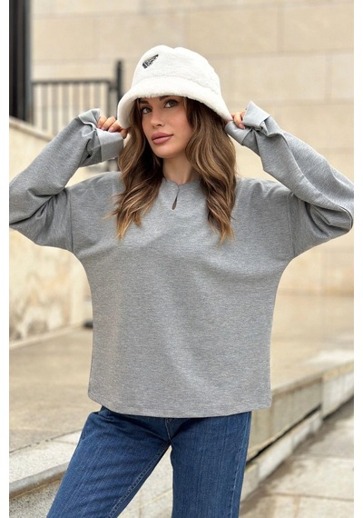 WeShaya Kadın Gri Uzun Kol, Duble Manşet, Yırtmaçlı Yaka, Salaş Sweatshirt Bluz Gri