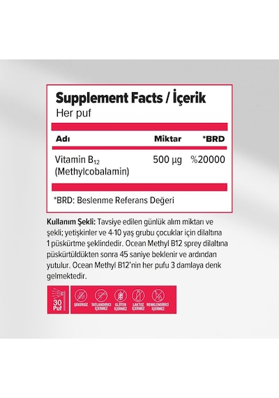Ocean Vitamin D3 1000 Iu Sprey 20ml Ve Ocean Methyl B12 5 Ml Dilaltı Sprey / 30 Doz