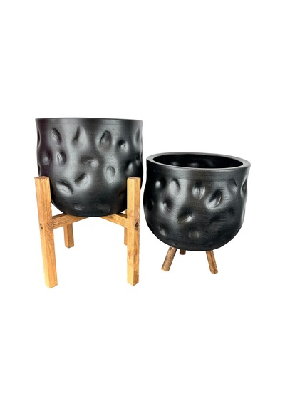 Bitki Tasarımı Ev Dekorasyon Aksesuar Siyah Desenli Toprak Saksı Saksılık Salon Çiçeklik İkili Set 4 Ayak -3 Ayaklı 19 Cm