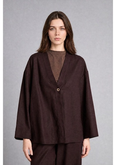 Defacto Regular Fıt V Yaka Keten Kimono H3219ax26aubn340 Kahve-bn340