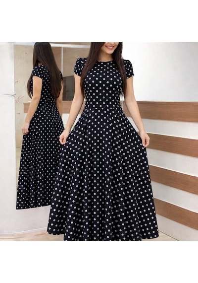 Efnaz Style Kadın Kısa Kollu Bisiklet Yaka Puantiyeli Maksi Örme Krep Elbise Siyah