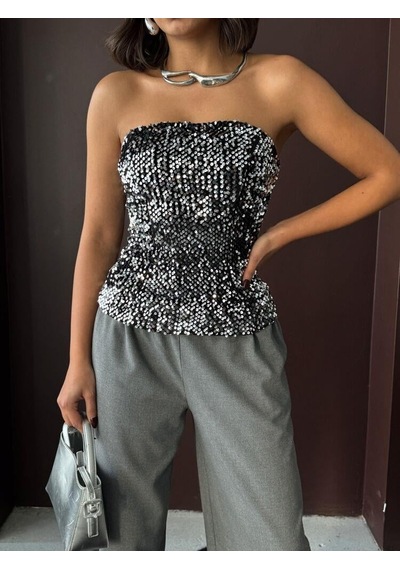 Ckm Moda Rubina Payetli Straplez Bluz Gümüş