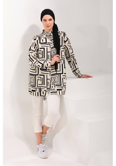 Polologin Butik Siyah Bej Halka Desenli Viskon Tunik Siyah