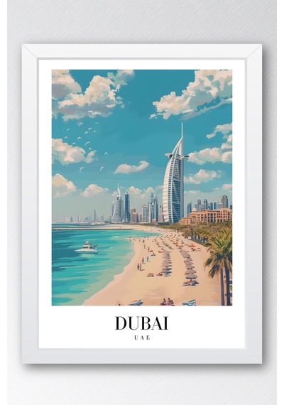 Dubai Uae Vintage Seyahat Posteri Çerçeveli Tablo - Premium Burj Al Arab Elit Duvar Dekoru Beyaz