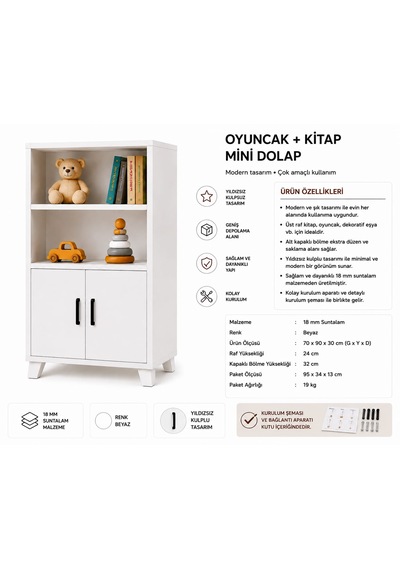 Oyuncak + Kitap Mini Dolap Beyaz