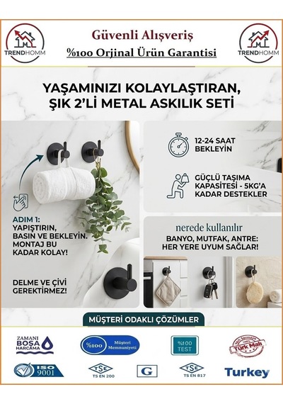 Trendhomm İkili Mutfak Banyo Havlu Askılığı - Yapışkanlı - Mat Siyah - 2 Adet
