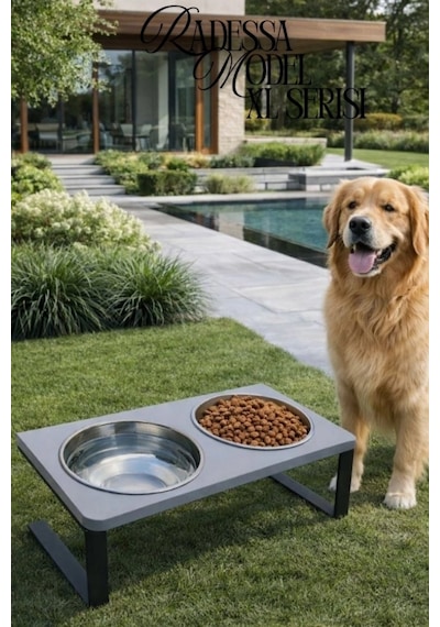 Reyo Ok-ay Store Radessa Xl Yüksek Standlı Çift Hazneli Mama Ve Su Kabı, Büyük Ve Orta Boy Köpek Ve Kedi Su Kabı Paslanmaz Çelik Gri