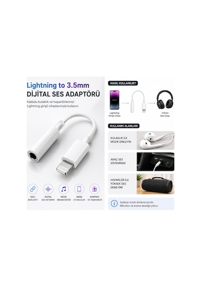 Lightning To 3.5mm Kulaklık Adaptörü Dijital Ses Dönüştürücü Aux Çevirici Müzik Destekli Beyaz