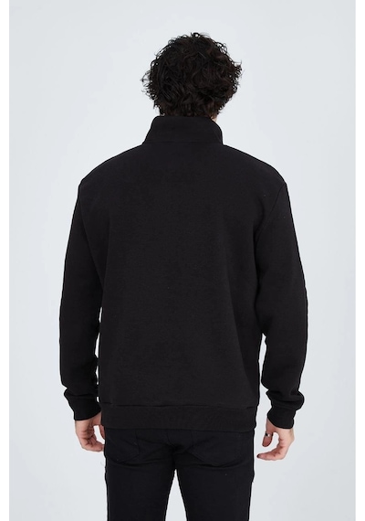 Erkek Yarım Fermuarlı Baskılı 3 İplik Pamuklu Sweatshirt - Siyah