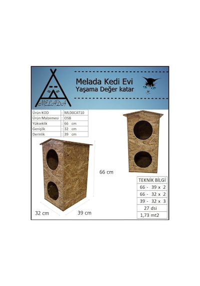 Melada Kedi Evi Dış Ortam Uygun Ahşap Kedi Evi Dublex Osb 66x39x32 Cm