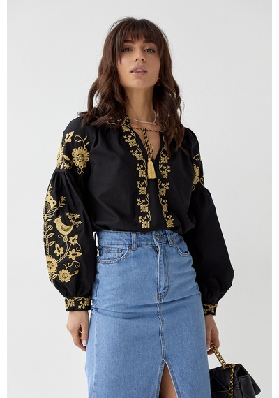 Femelle Kadın Siyah Püsküllü Nakış İşlemeli Vintage Bluz