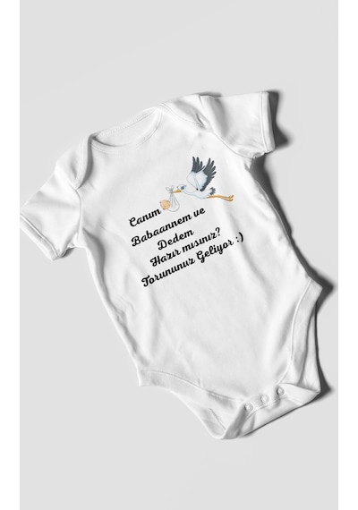 Canım Babannem Ve Dedem Hazır Mısınız Baskılı Bebek Zıbını Çıtçıtlı Body %100 Pamuk Kısa Kol Beyaz