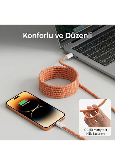 Bix T4cc 65w Usb-c To Usb-c Manyetik Tasarımlı Örgülü Hızlı Şarj Ve Data Kablosu 1 Metre Mor