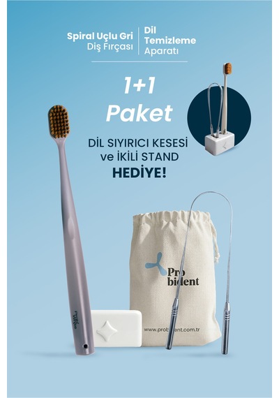 1+1 Paket Spiral Başlıklı Gri Diş Fırçası+ Dil Temizleme+ Kesesi Ve İkili Stant Hediye