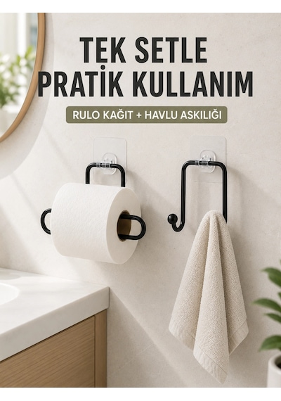 Banyo Ve Mutfak İçin Yapışkanlı Havlu Askılığı Ve Rulo Kağıt Tutucu Set Antrasit Melanj